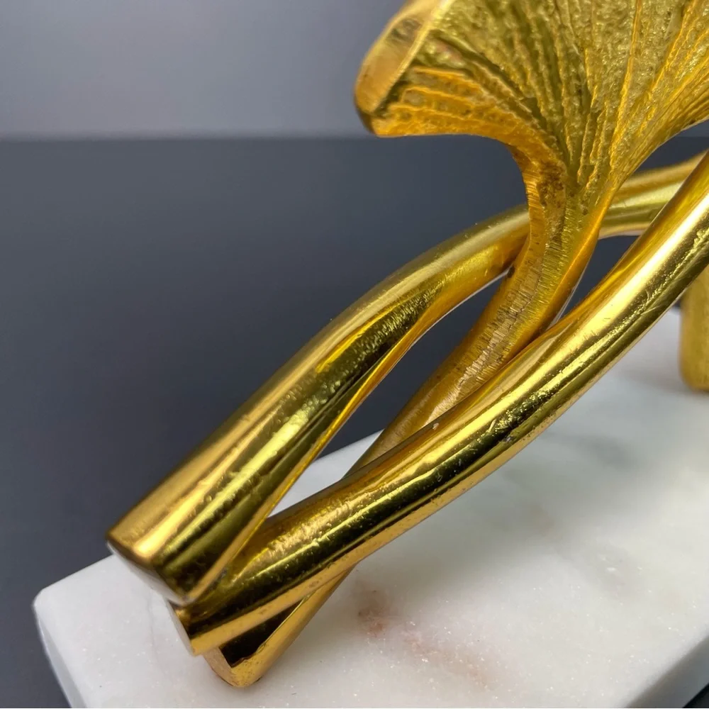 Sculpture 2 Leaf Ginko Gold Look Sculpture Modern Metal Leaves Marble Base - Picture 7 of 10